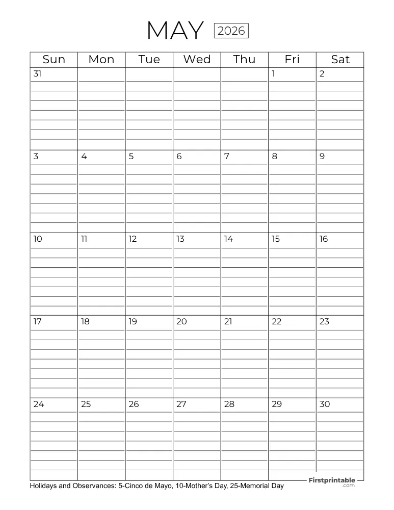 May Calendar 2026 with Lines