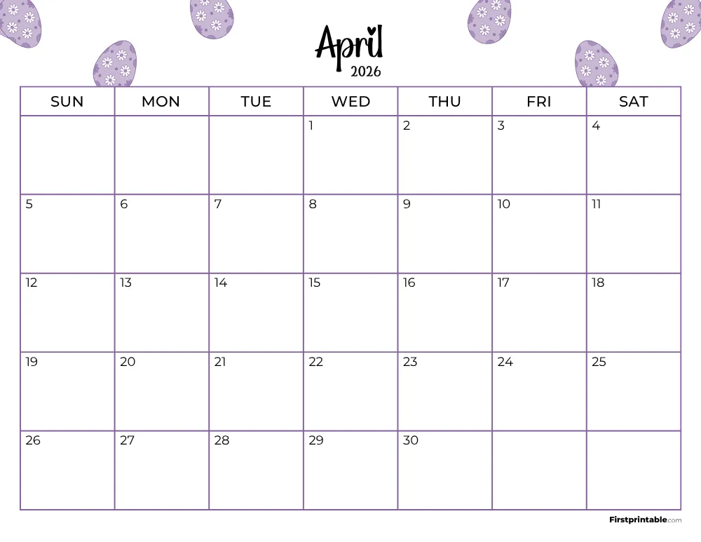 Printable April Calendar 2026 Easter Template 17