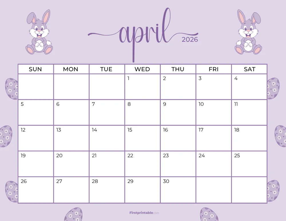 Printable April Calendar 2026 Easter Template 20
