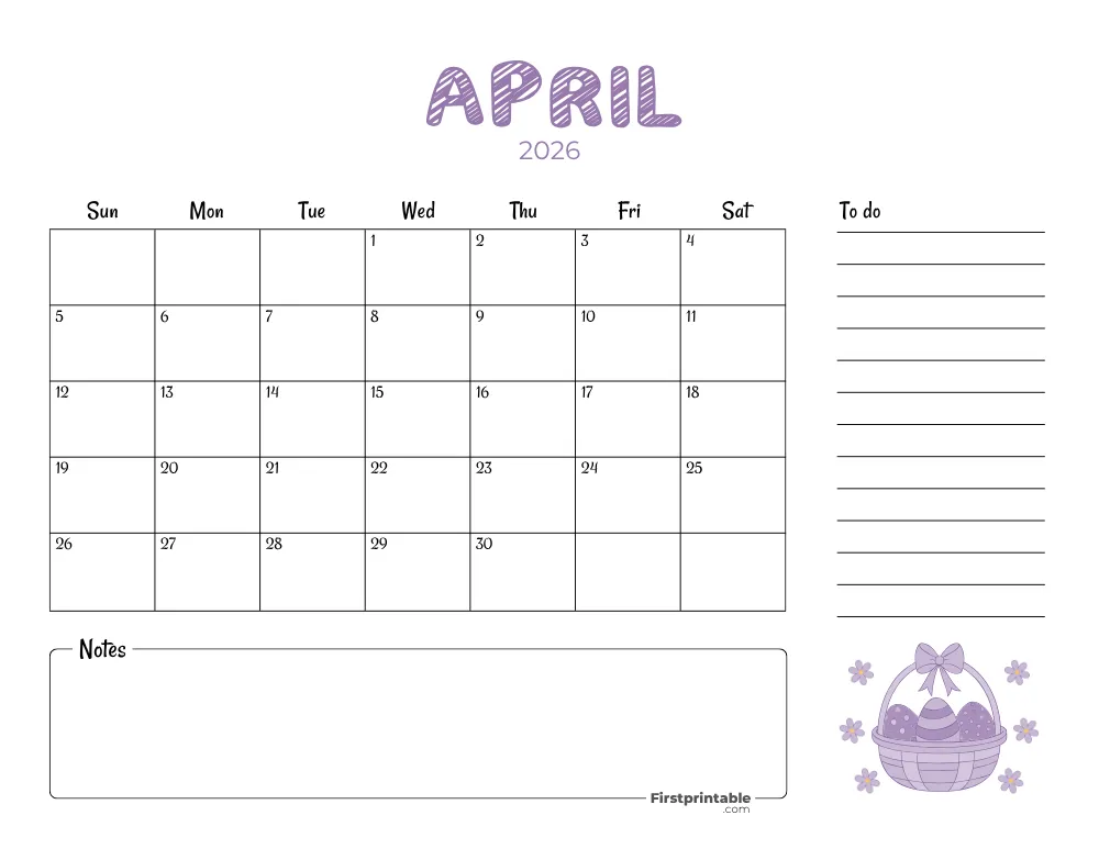 Printable April Calendar 2026 Easter Template 23