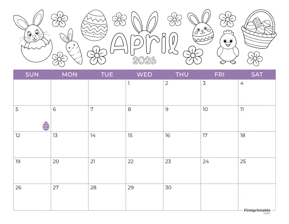 Printable April Calendar 2026 Easter Template 25