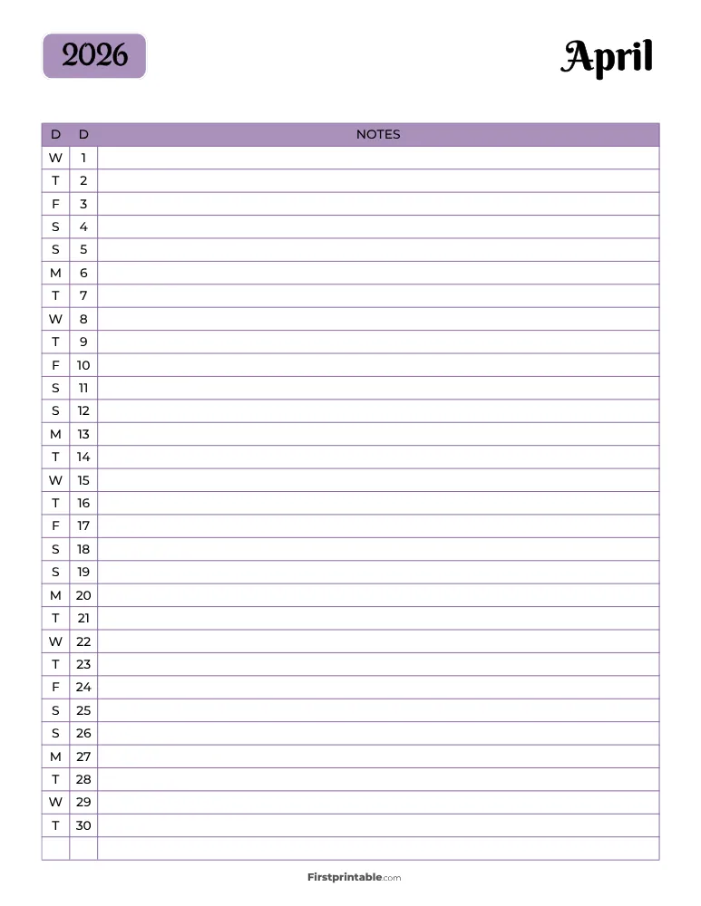 Printable April Calendar 2026 Template 13