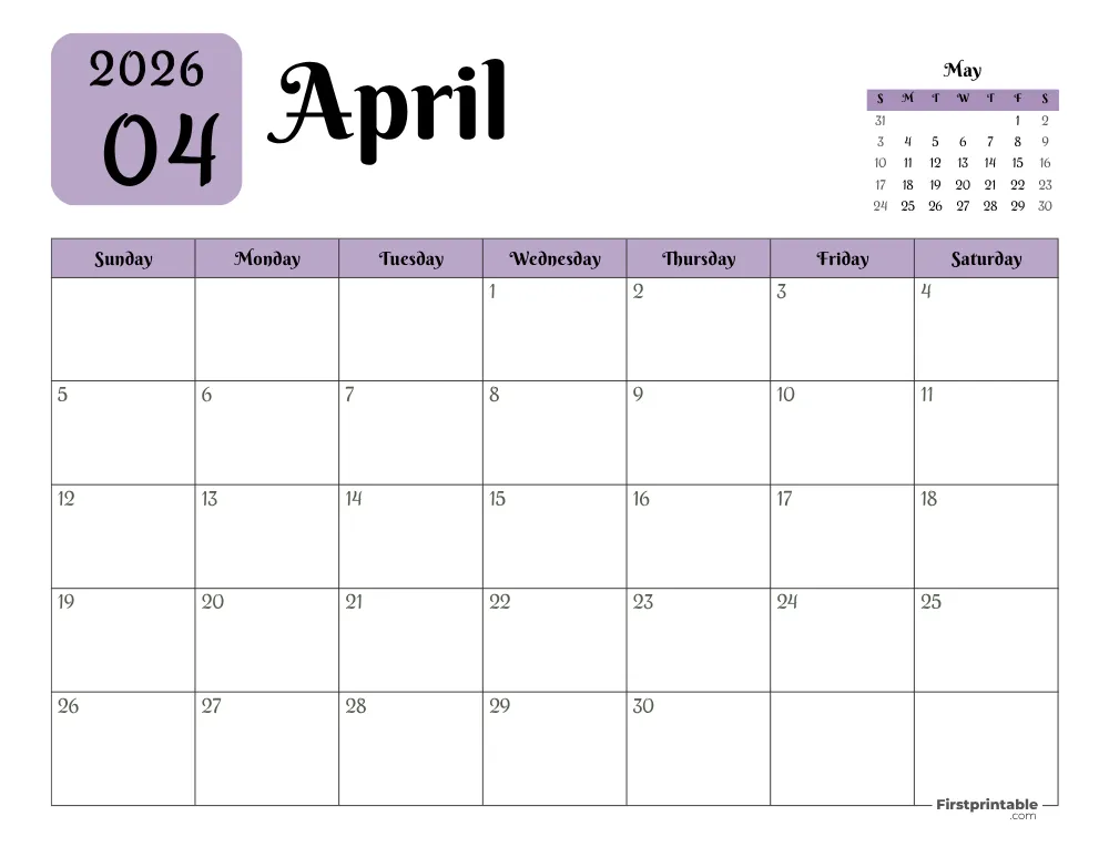 Printable April Calendar 2026 Template 16