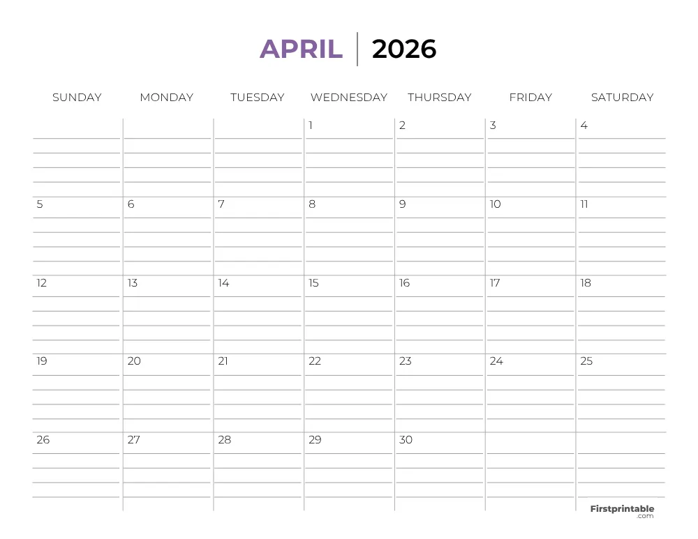 Printable April Calendar 2026 Template 26