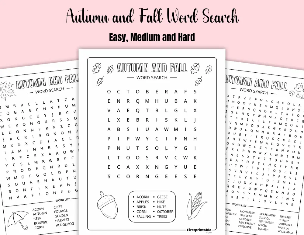 Printable Autumn and Fall Word Search Printable Autumn and Fall Word Search