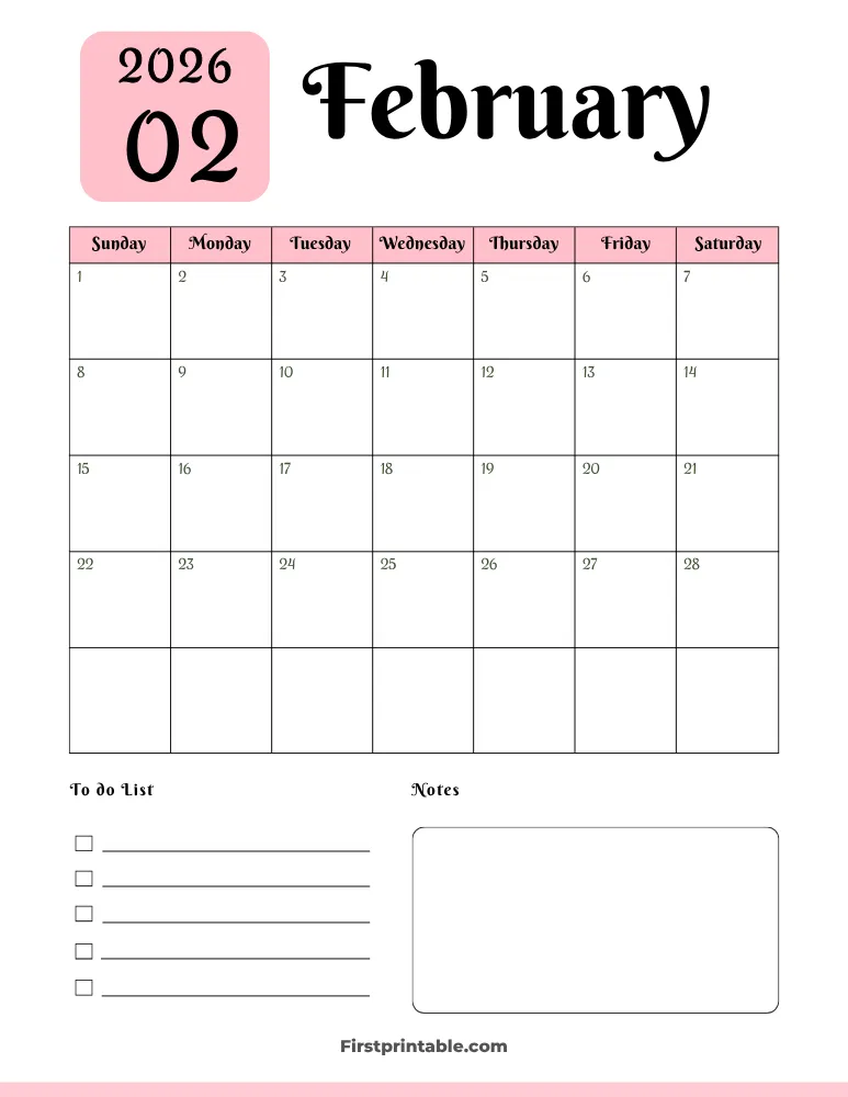 Printable February Calendar 2026 Template 05