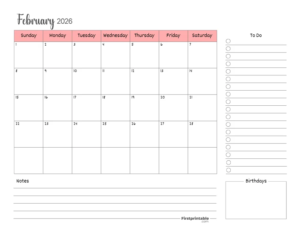 Printable February Calendar 2026 Template 15