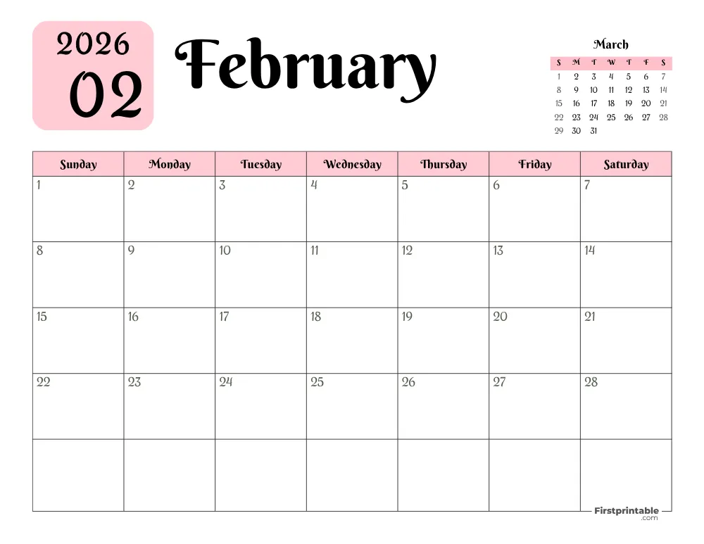Printable February Calendar 2026 Template 16