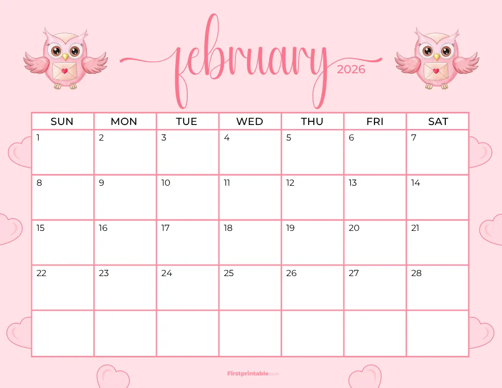 Printable February Calendar 2026 Valentine's Day Template 20