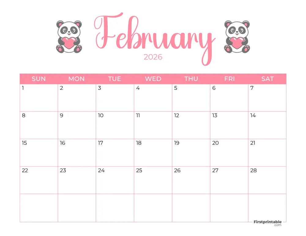 Printable February Calendar 2026 Valentine's Day Template 22
