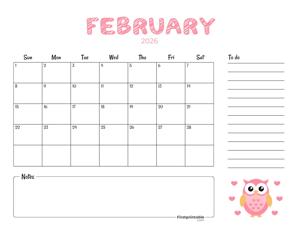 Printable February Calendar 2026 Valentine's Day Template 23