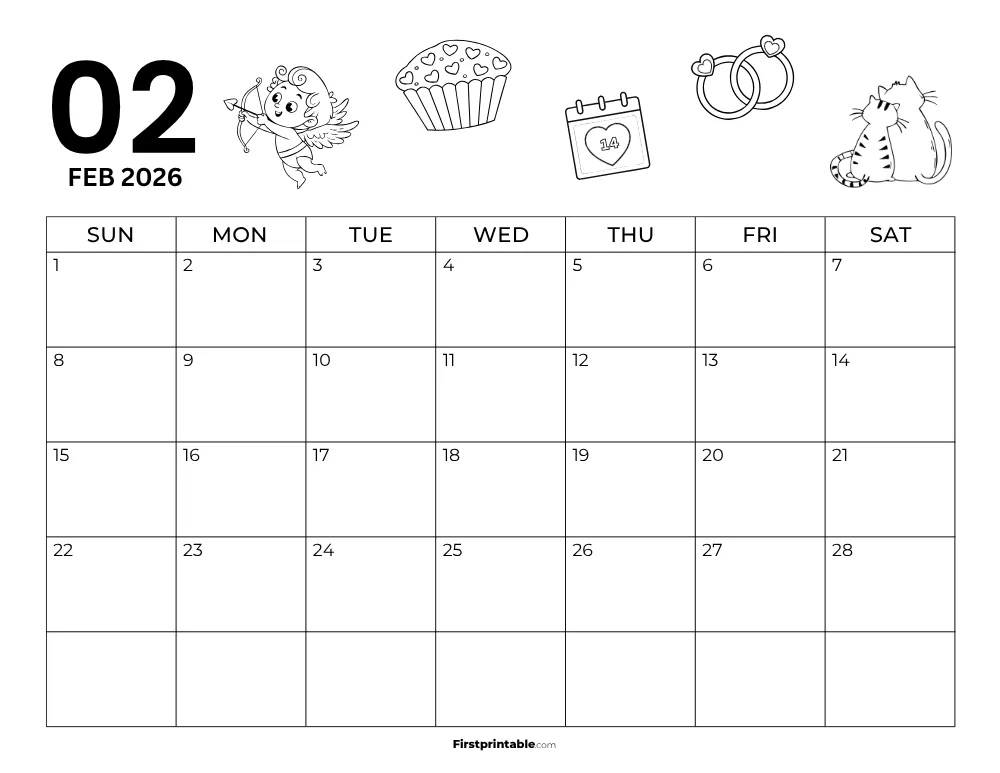 Printable February Calendar 2026 Valentine's Day Template 24