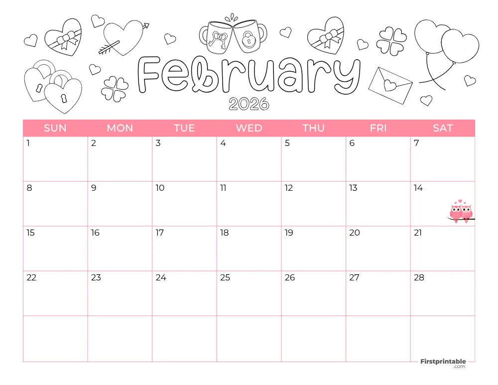 Printable February Calendar 2026 Valentine's Day Template 25