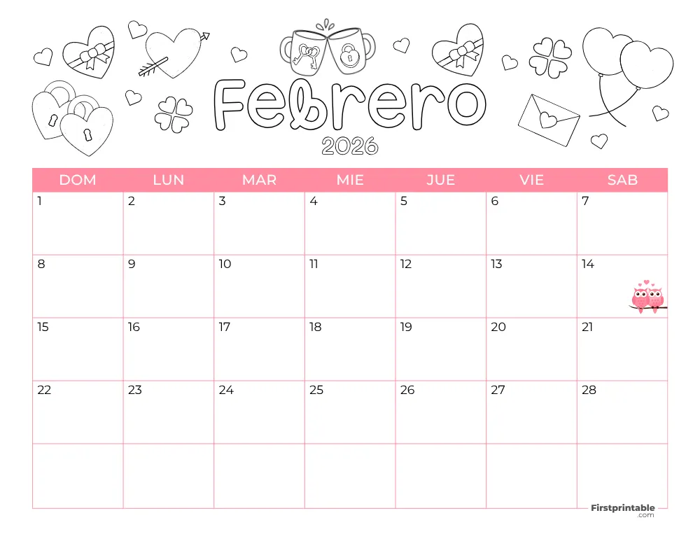 Printable February Calendar 2026 Valentine's Day Template 40
