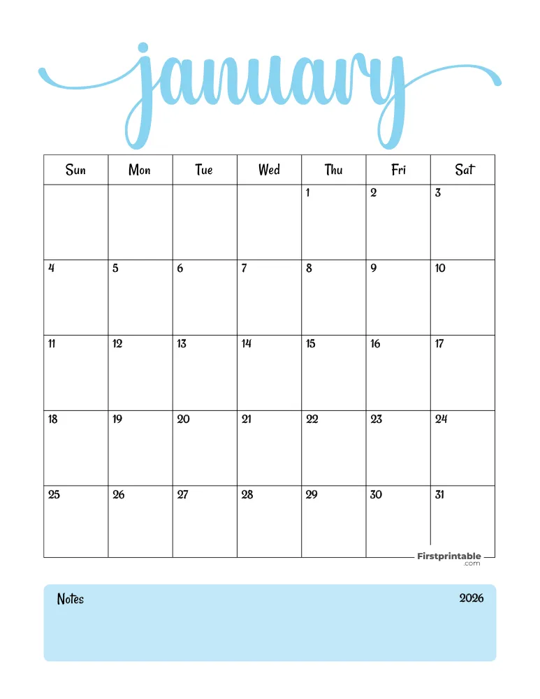 Printable January Calendar 2026 Template 04