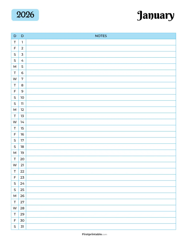 Printable January Calendar 2026 Template 13