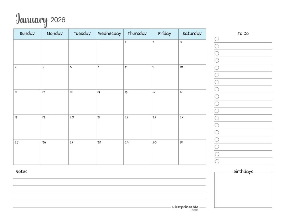 Printable January Calendar 2026 Template 15