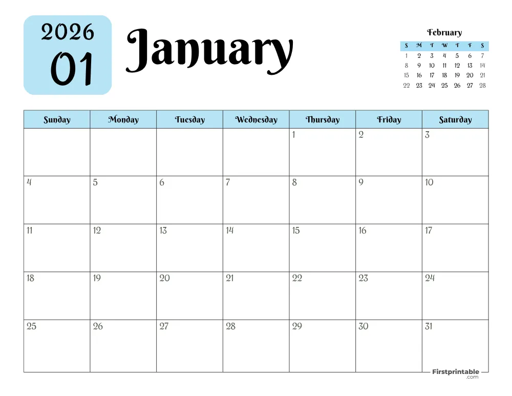 Printable January Calendar 2026 Template 16