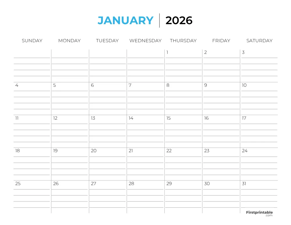 Printable January Calendar 2026 Template 26