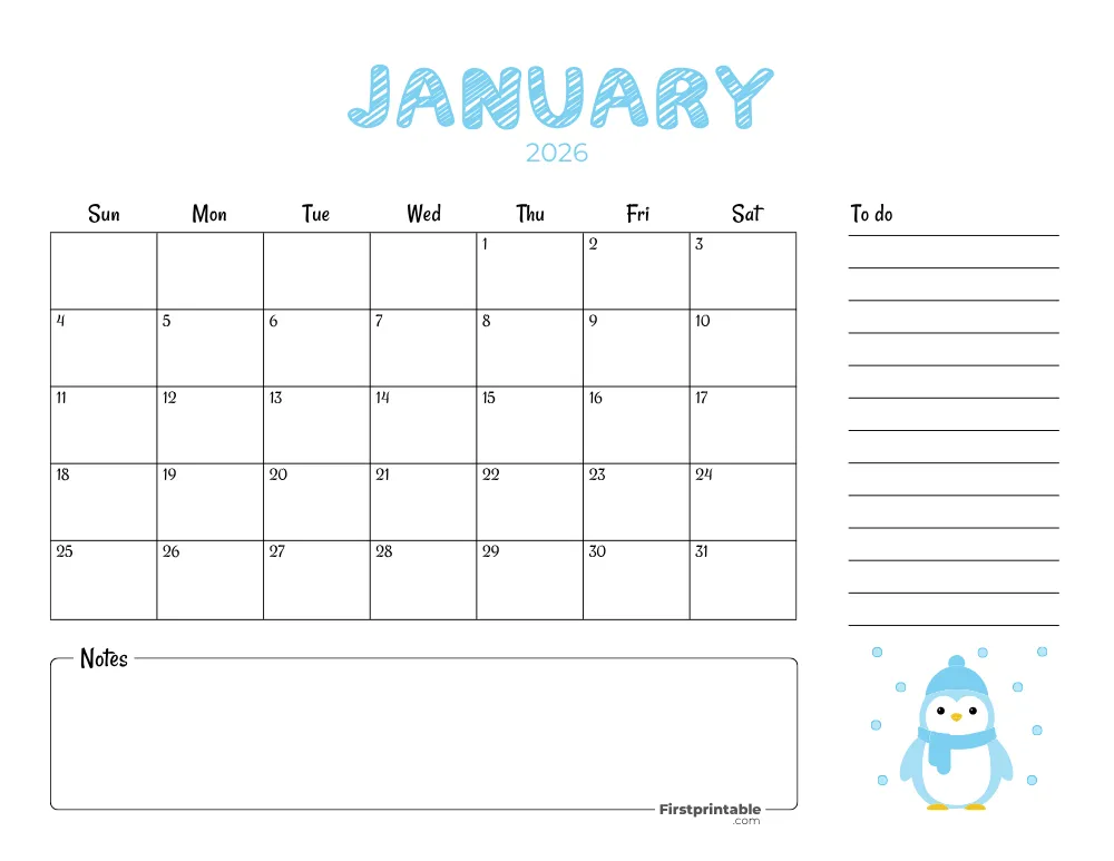 Printable January Calendar 2026 Winter Template 23