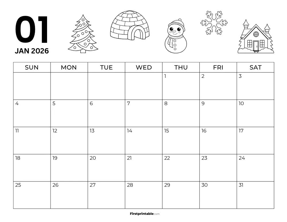 Printable January Calendar 2026 Winter Template 24