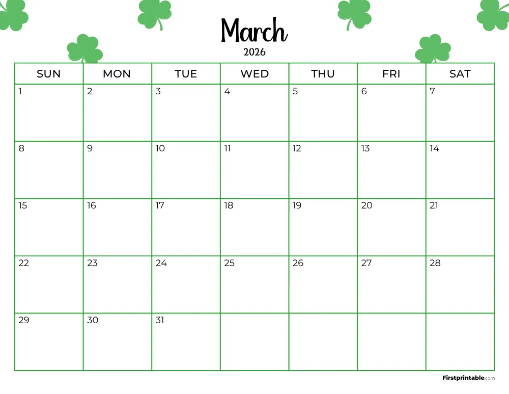 Printable March Calendar 2026 St Patrick's Day Template 17