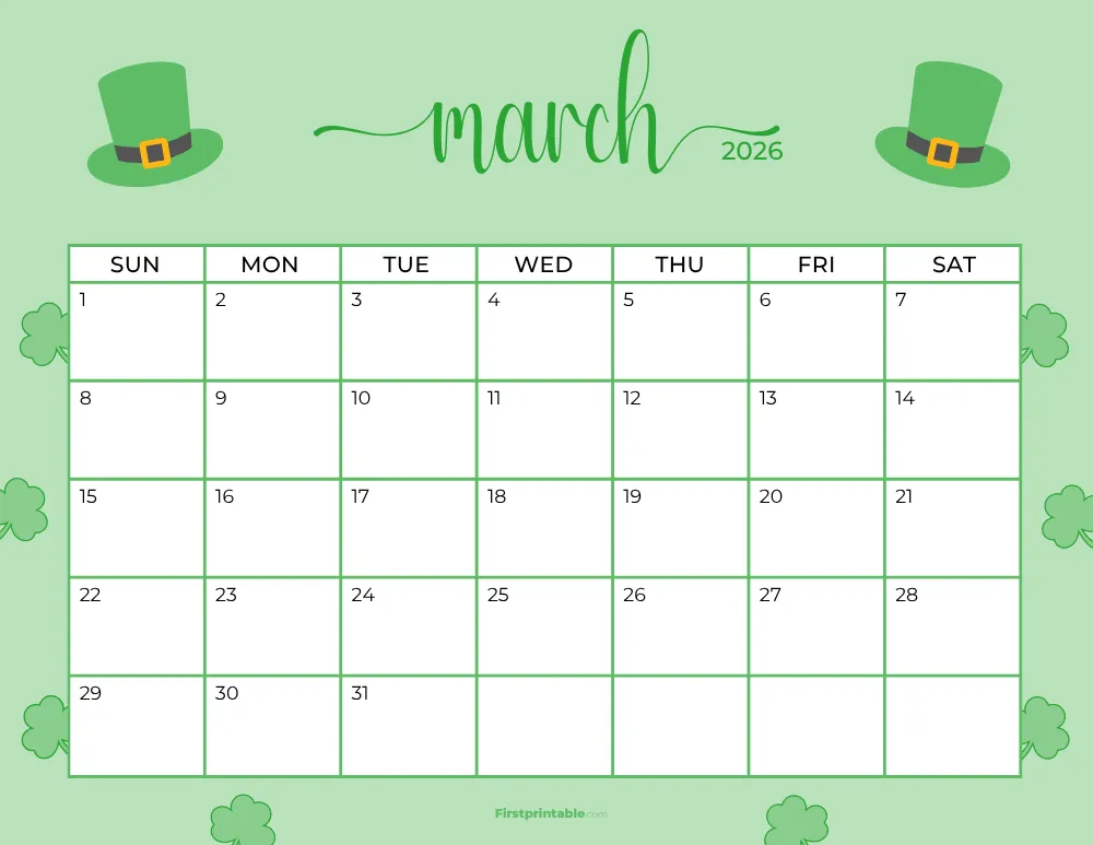 Printable March Calendar 2026 St Patrick's Day Template 20