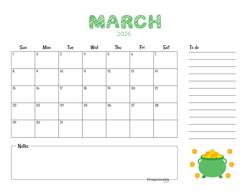 Printable March Calendar 2026 St Patrick's Day Template 23