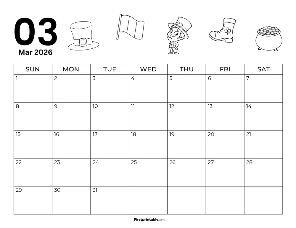 Printable March Calendar 2026 St Patrick's Day Template 24