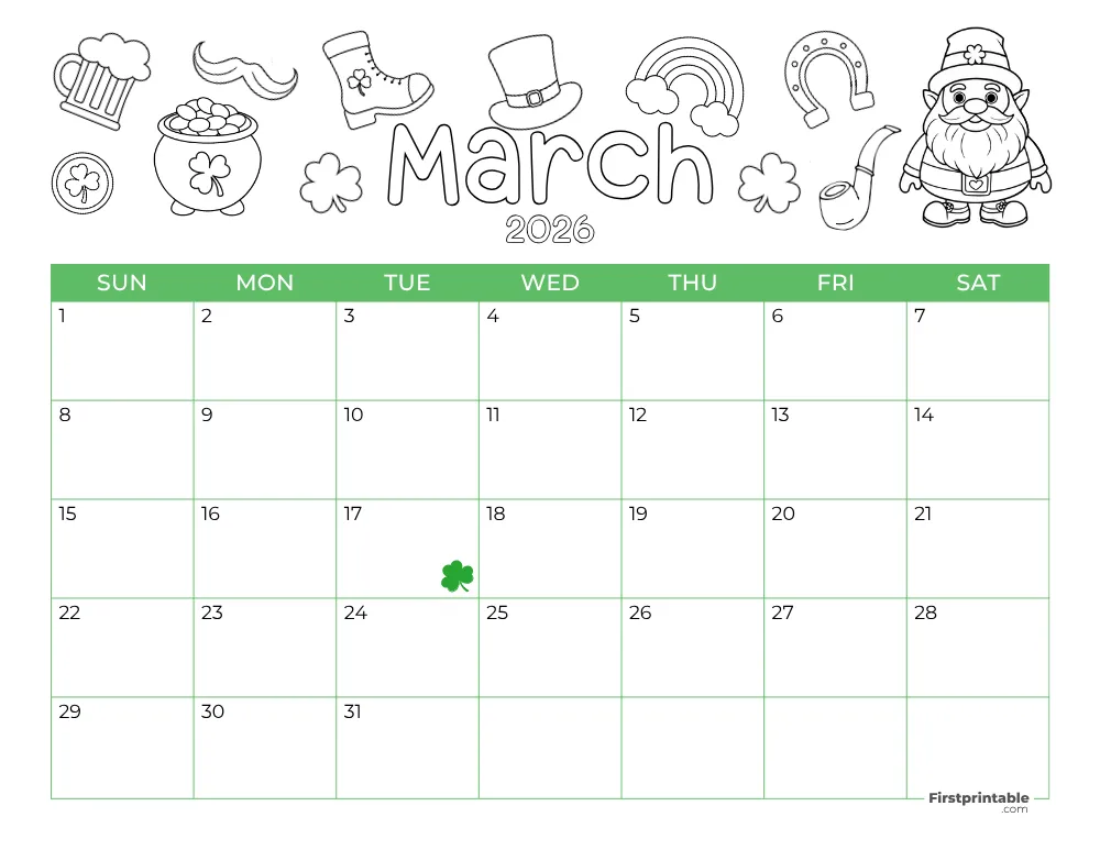 Printable March Calendar 2026 St Patrick's Day Template 25