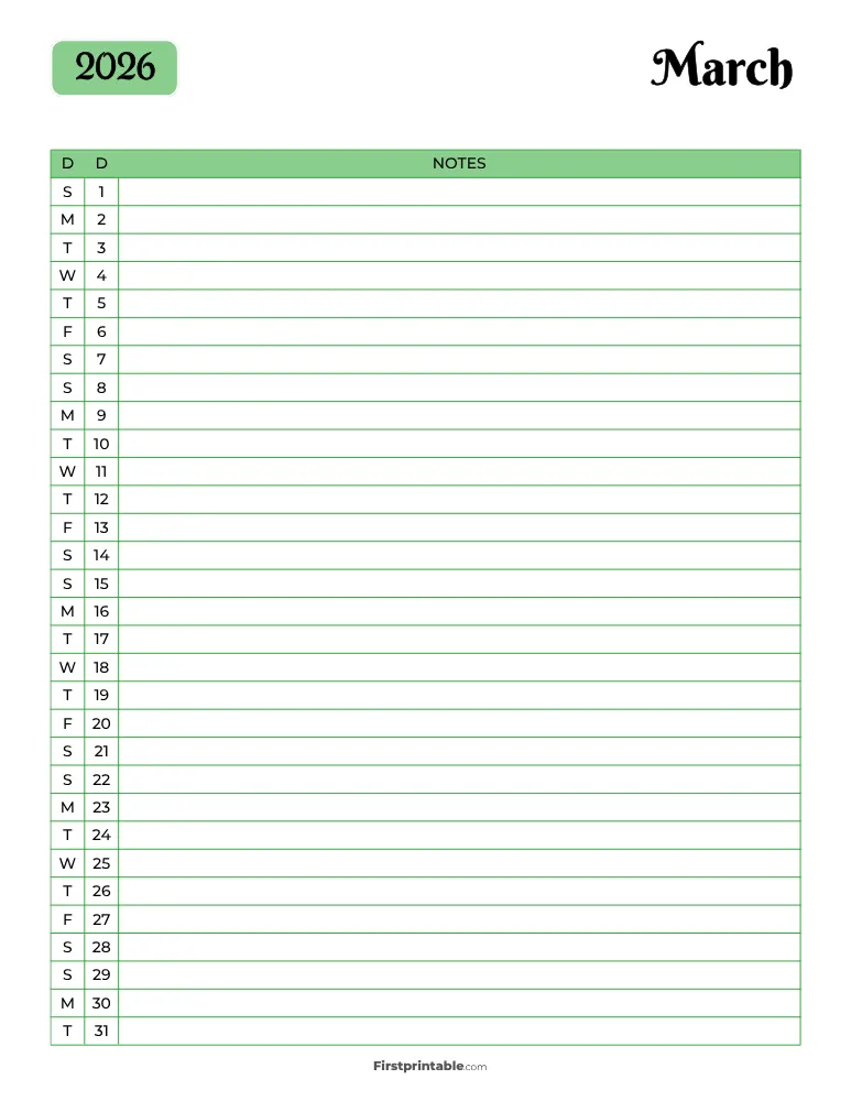 Printable March Calendar 2026 Template 13