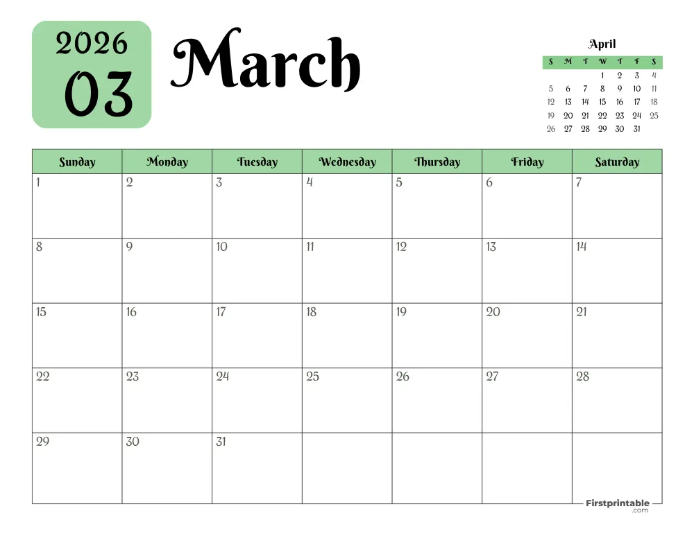 Printable March Calendar 2026 Template 16