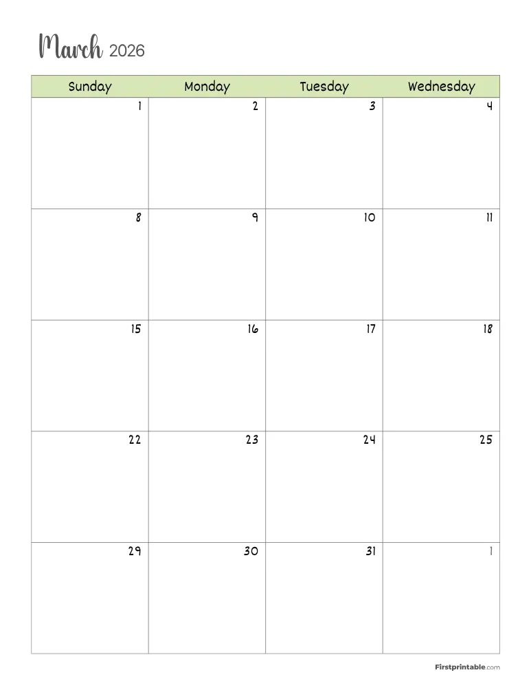 March 2026 Calendar Page 01