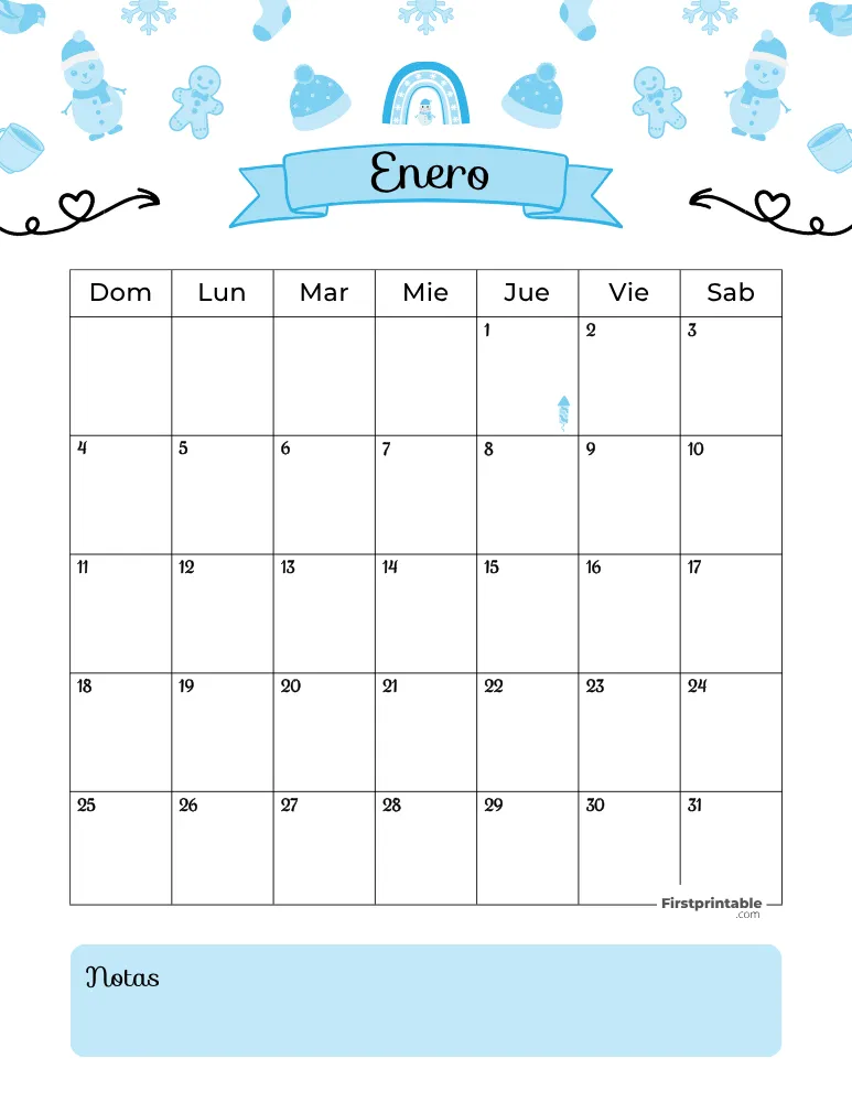 Spanish January Calendar 2026 Winter Template 28