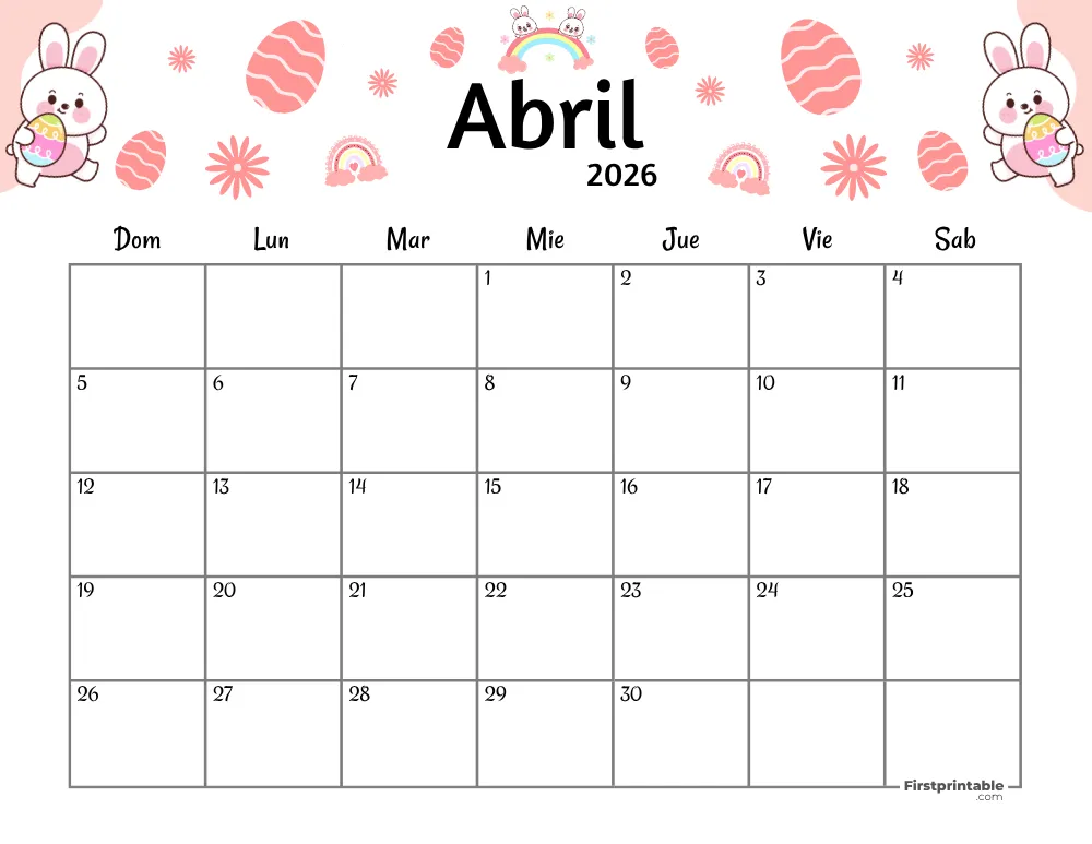 Spanish Printable April Calendar 2026 Easter Template 39
