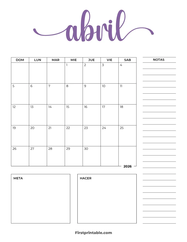 Spanish Printable April Calendar 2026 Template 29