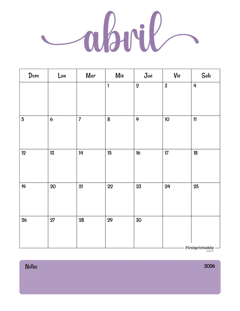 Spanish Printable April Calendar 2026 Template 31