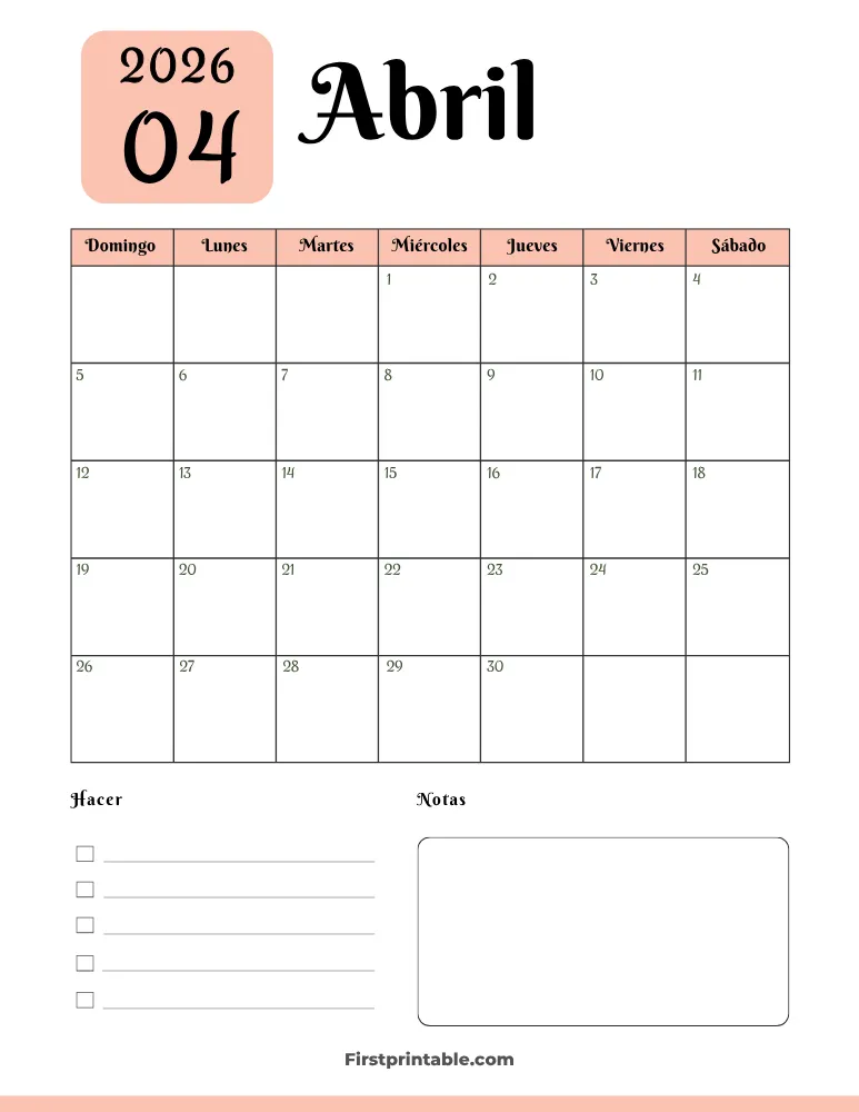Spanish Printable April Calendar 2026 Template 34