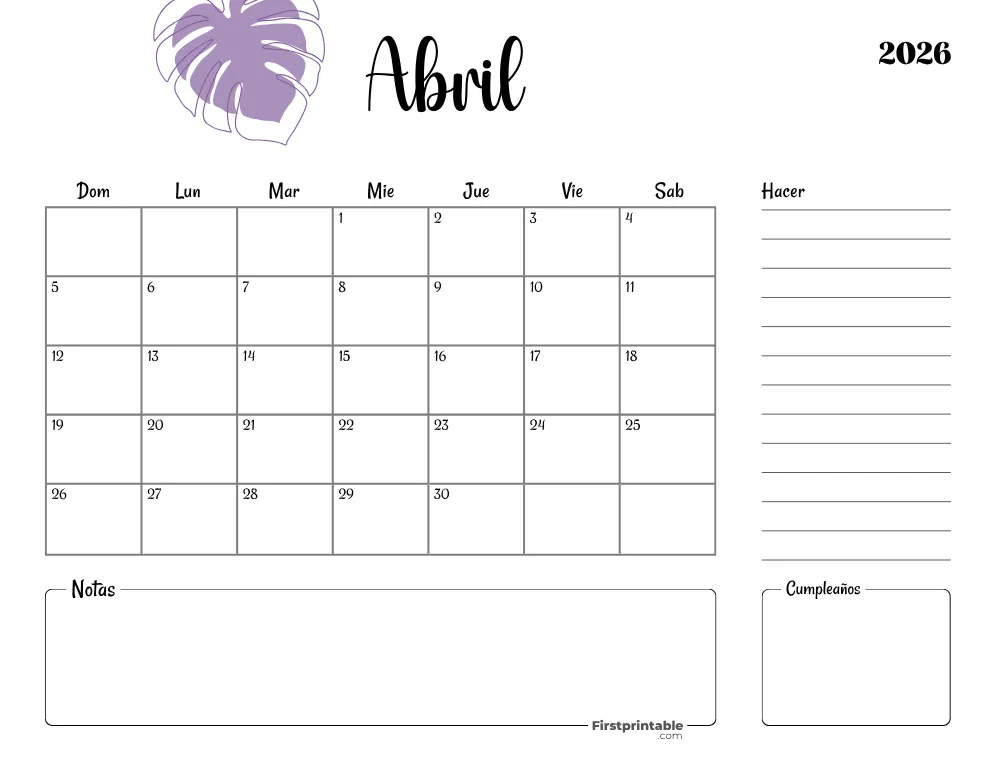 Spanish Printable April Calendar 2026 Template 35