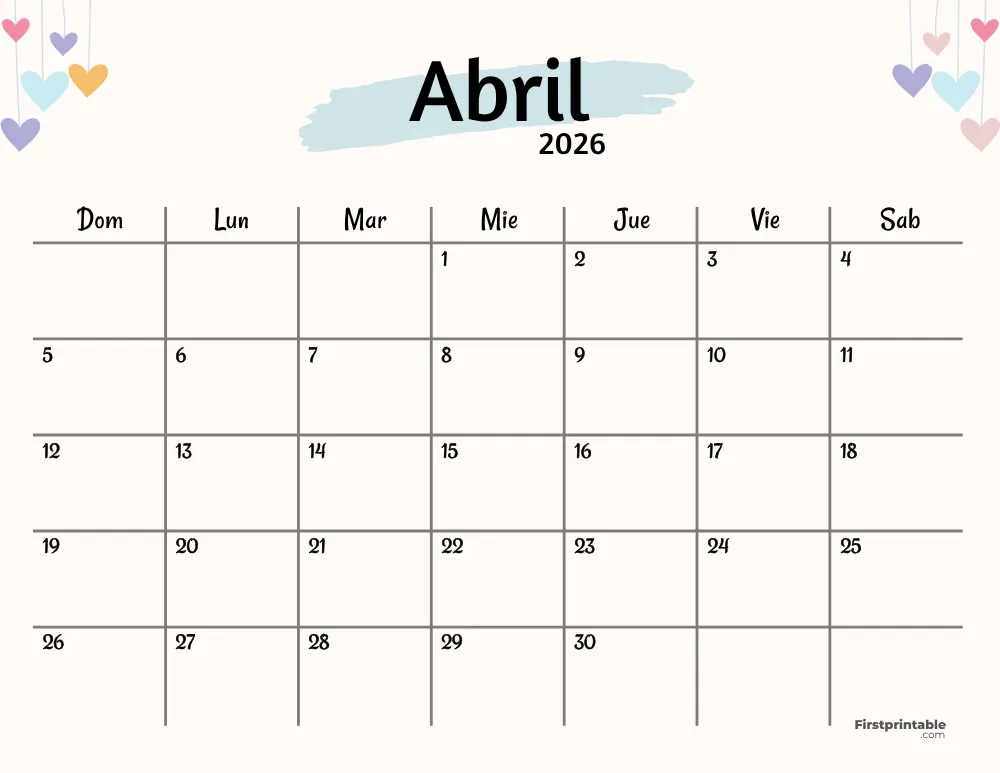 Spanish Printable April Calendar 2026 Template 42