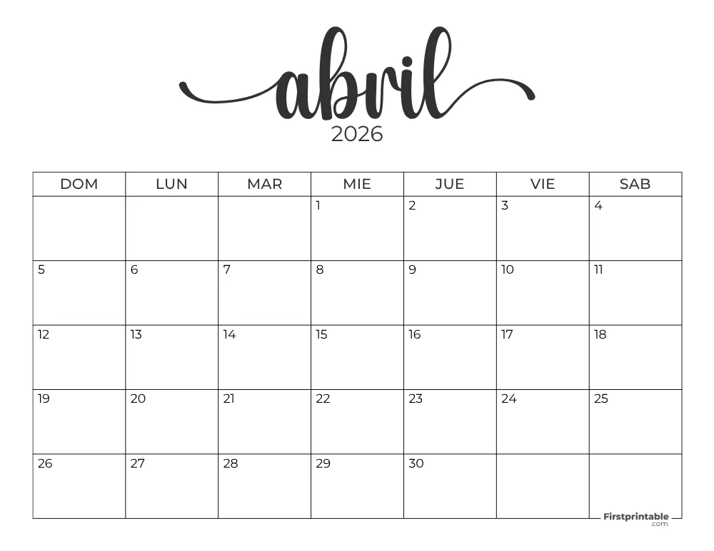 Spanish Printable April Calendar 2026 Template 43
