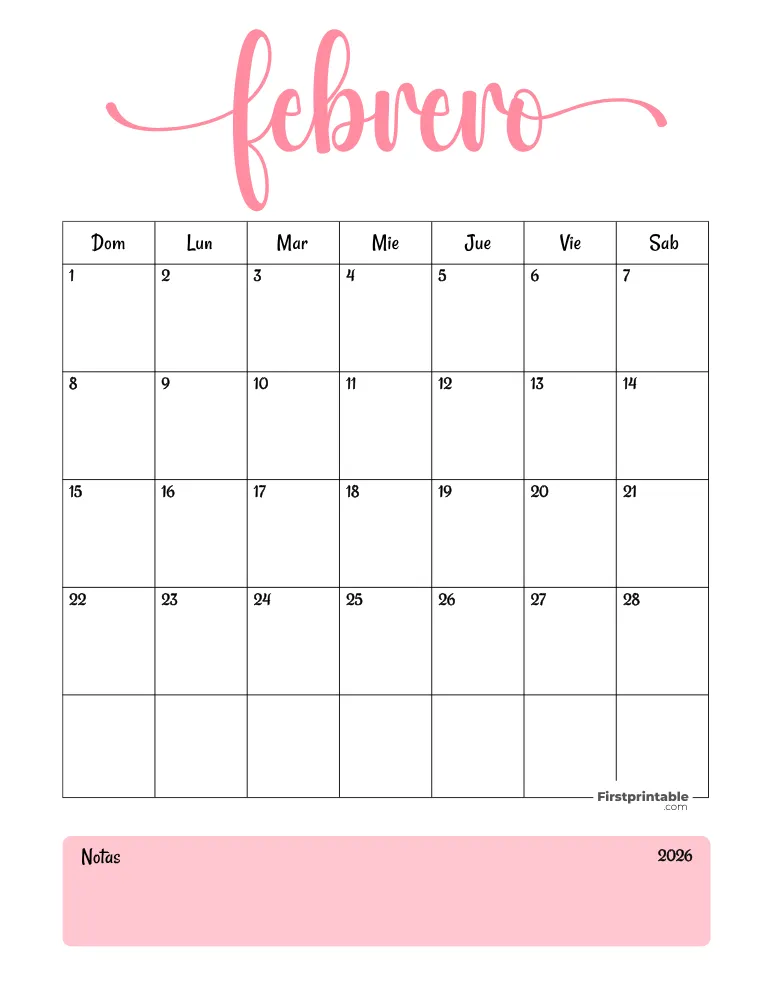 Spanish Printable February Calendar 2026 Template 31