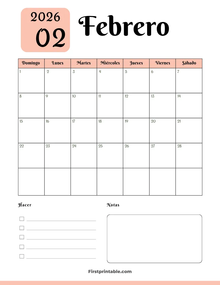 Spanish Printable February Calendar 2026 Template 34