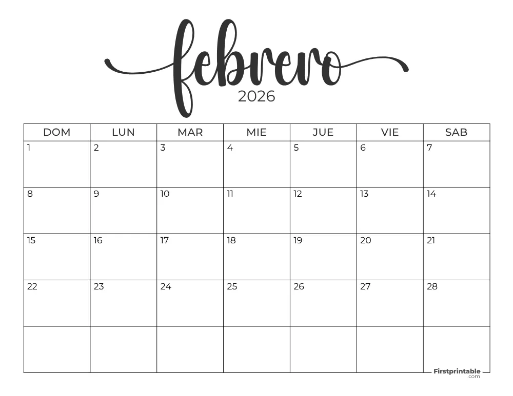 Spanish Printable February Calendar 2026 Template 43