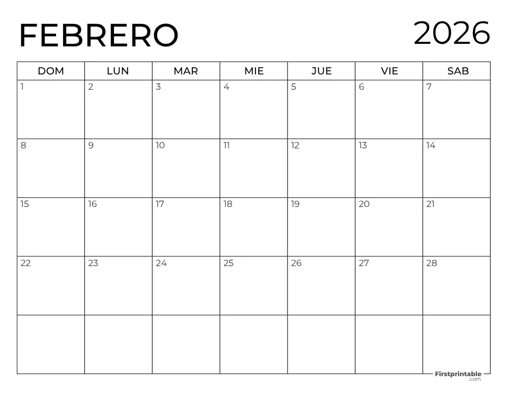 Spanish Printable February Calendar 2026 Template 44