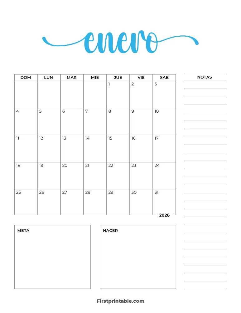 Spanish Printable January Calendar 2026 Template 29