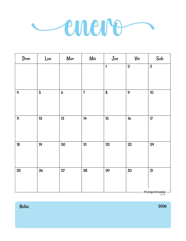 Spanish Printable January Calendar 2026 Template 31