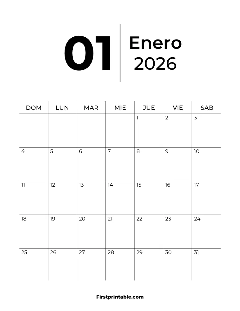 Spanish Printable January Calendar 2026 Template 33
