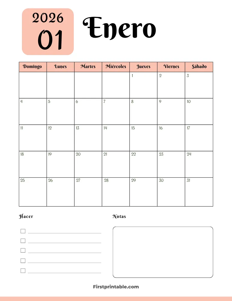 Spanish Printable January Calendar 2026 Template 34