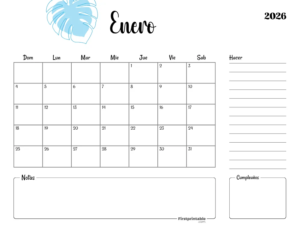 Spanish Printable January Calendar 2026 Template 35
